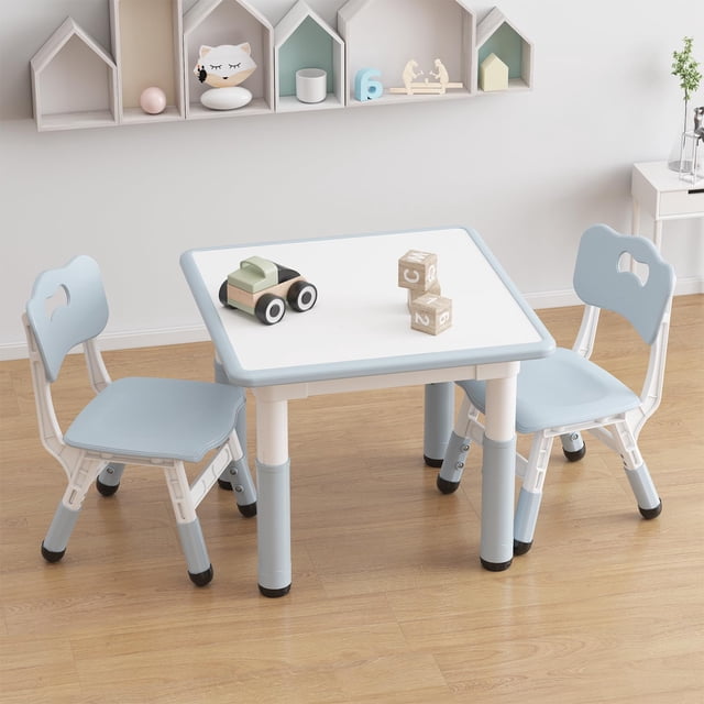 GloryStar Kids Table and 2 Chairs Set for Ages 2-10, Height Adjustable Toddler Table and Chair Set with Graffiti Desktop & Non-Slip Legs, Easy to Wipe, Perfect for Classroom, Kids Room
