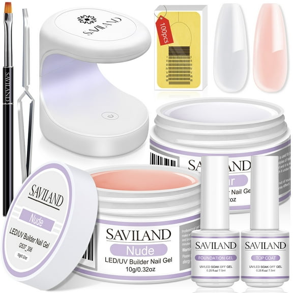 Saviland Builder Nail Gel Kit - Harden Strengthen Gel Nail Extension with Mini Nail Lamp ,Base/Top Gel Coat and Nail Art Brush