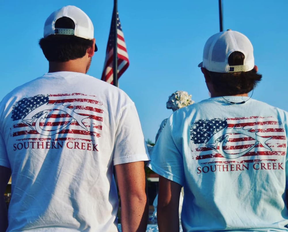 Southern Creek American Flag Classic Logo Outdoors Sporting Fishing Hook  Adult Unisex Short Sleeve T-Shirt, White- Xlarge