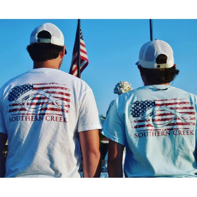 Southern Creek American Flag Classic Logo Outdoors Sporting Fishing Hook adult unisex Short Sleeve T-Shirt, White- XLarge
