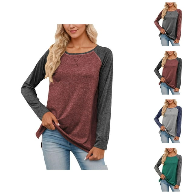 Women's Long Sleeve Shirts 2026 Spring Fashion Crewneck Raglan Sleeve Relaxed Fit Color Block Casual T Shirts