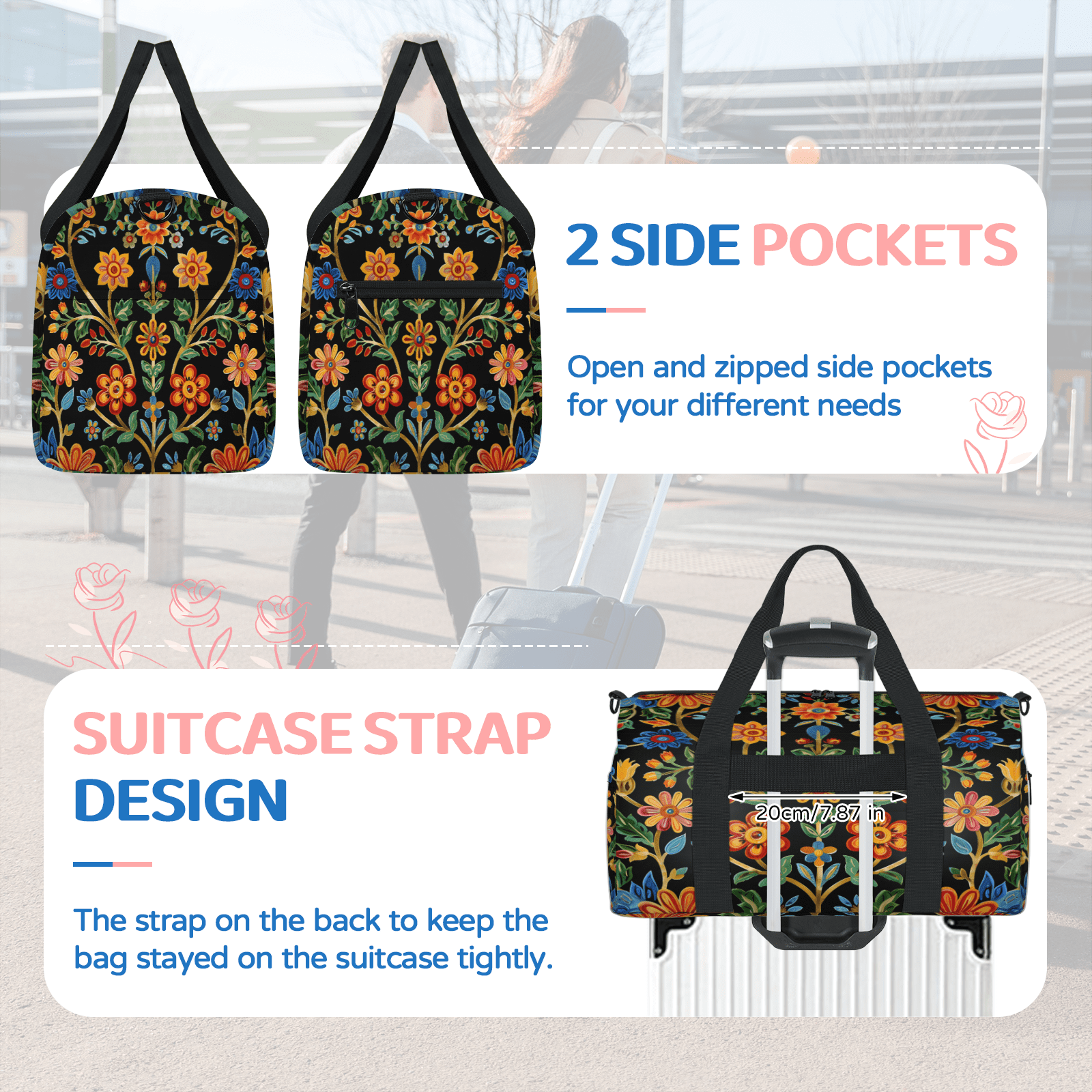 Herdesigns Mexico Floral Gym Bag for Women, Duffle Bag for Travel Sport, Lightweight Waterproof Carry on Weekender Overnight Dance Yoga Workout Bags