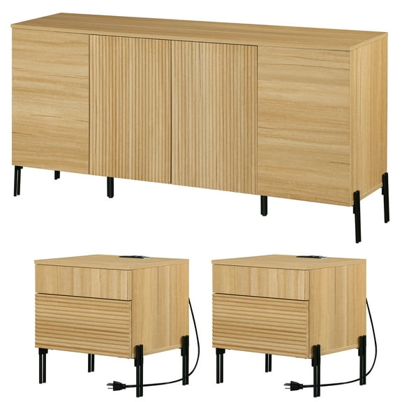 Modern Minimalist 3-Piece Nightstand And Bedside Cabinet Set, Reeded Bedroom Set, Oak Wooden Chest With Hidden Handles For Bedroom, Living Room