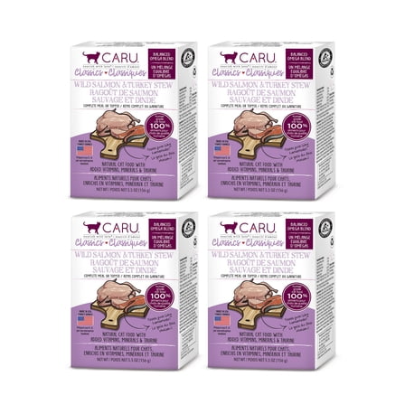 Caru - Classics Wild Salmon & Turkey Stew for Cats - Healthy Functional Wet Cat Food or Food Topper - Balanced Omega Blend - 5.5 oz Cartons - Pack of 4