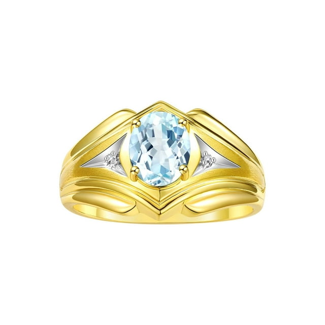 RYLOS Men's Rings Yellow Gold Plated Silver Rings Classic Designer Style 9X7MM Gemstone & Diamond Ring Aquamarine March Birthstone Rings For Men Size 8