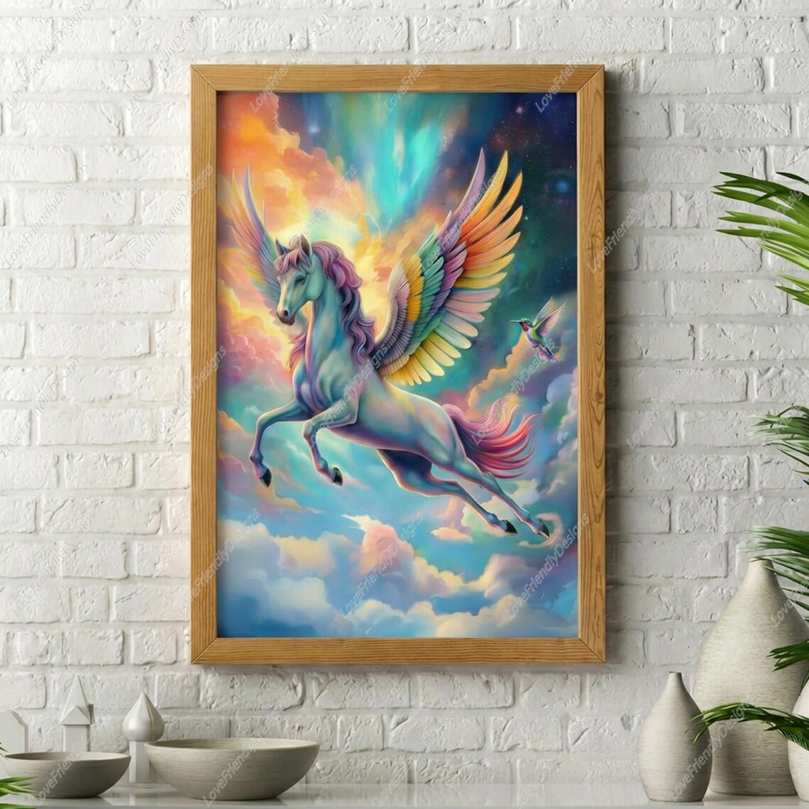 Pegasus Fantasy Print, Colorful Flying Horse, Unframed Paper Poster 8x10in