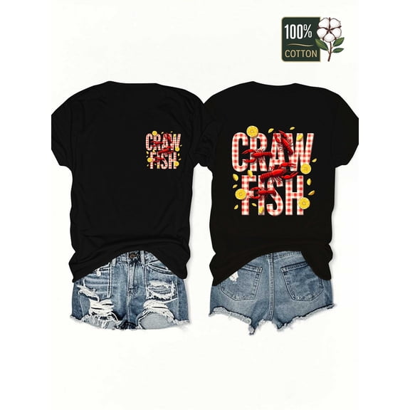 Funny Crawfish Boil T-Shirt for Seafood Lovers, Retro Plaid Gingham Crawfish Graphic Tee with Lemons, Southern Cajun Style Summer Top for Men and Women