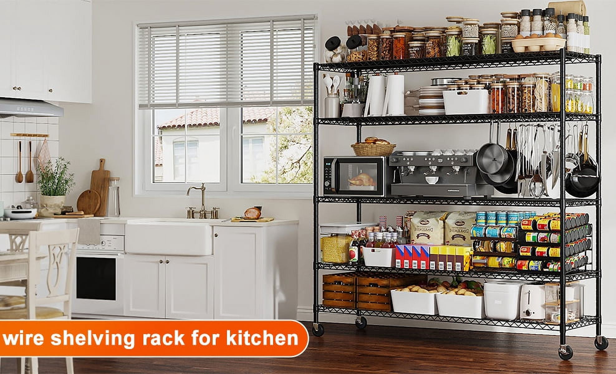 55.2"W x 85.8"H Wire Shelving Rack 3000Lbs Metal Storage Shelves with Wheels 5 Tier Heavy Duty Storage Rack for Garage Rolling Shelving Unit Adjustable Steel Shelves for Kitchen Pantry, Black