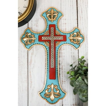 Southwestern Rich Turquoise Gold Tuscan French Fleur De Lis Wall Crucifix Cross