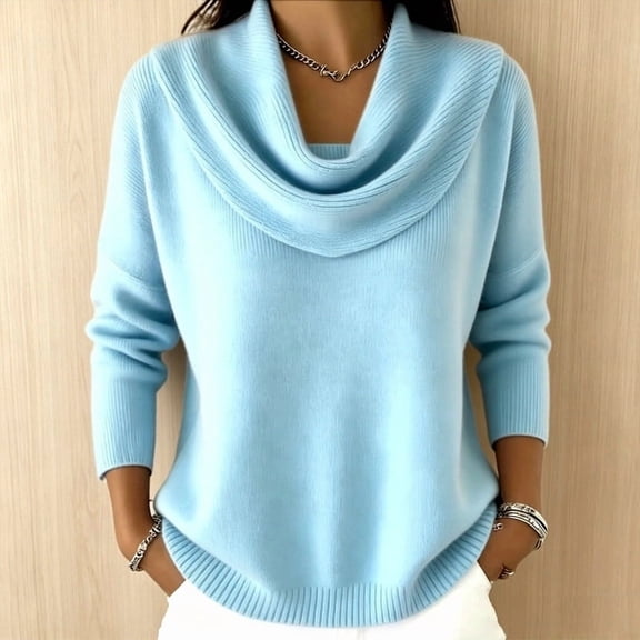 Aaihamo Women Plus Size Cowl Neck Long Sleeve Knitted Pullover Casual Fall Winter Sweater Tops Warm Solid Loose Fit Blouse, Light Blue S