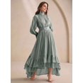 thumbnail image 5 of High-Neck Long Sleeve Pleated Ruffle Hem Maxi Dress In Mist Green, 5 of 26