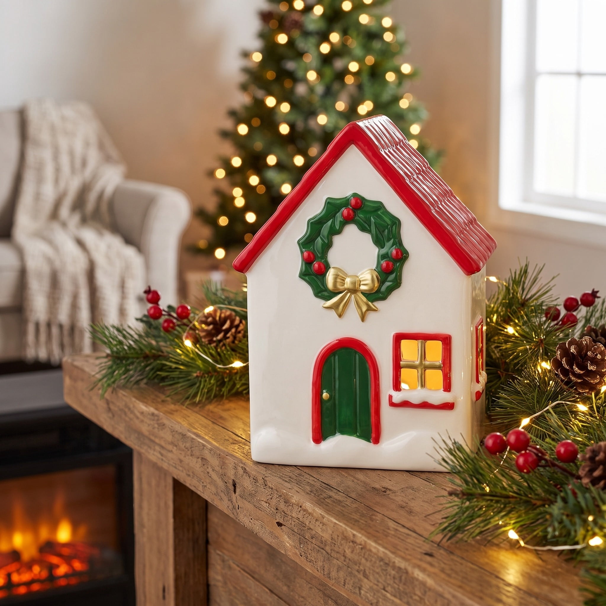 Ceramic House with Wreath Christmas Decoration, Red/White/Green, 8", by Holiday Time