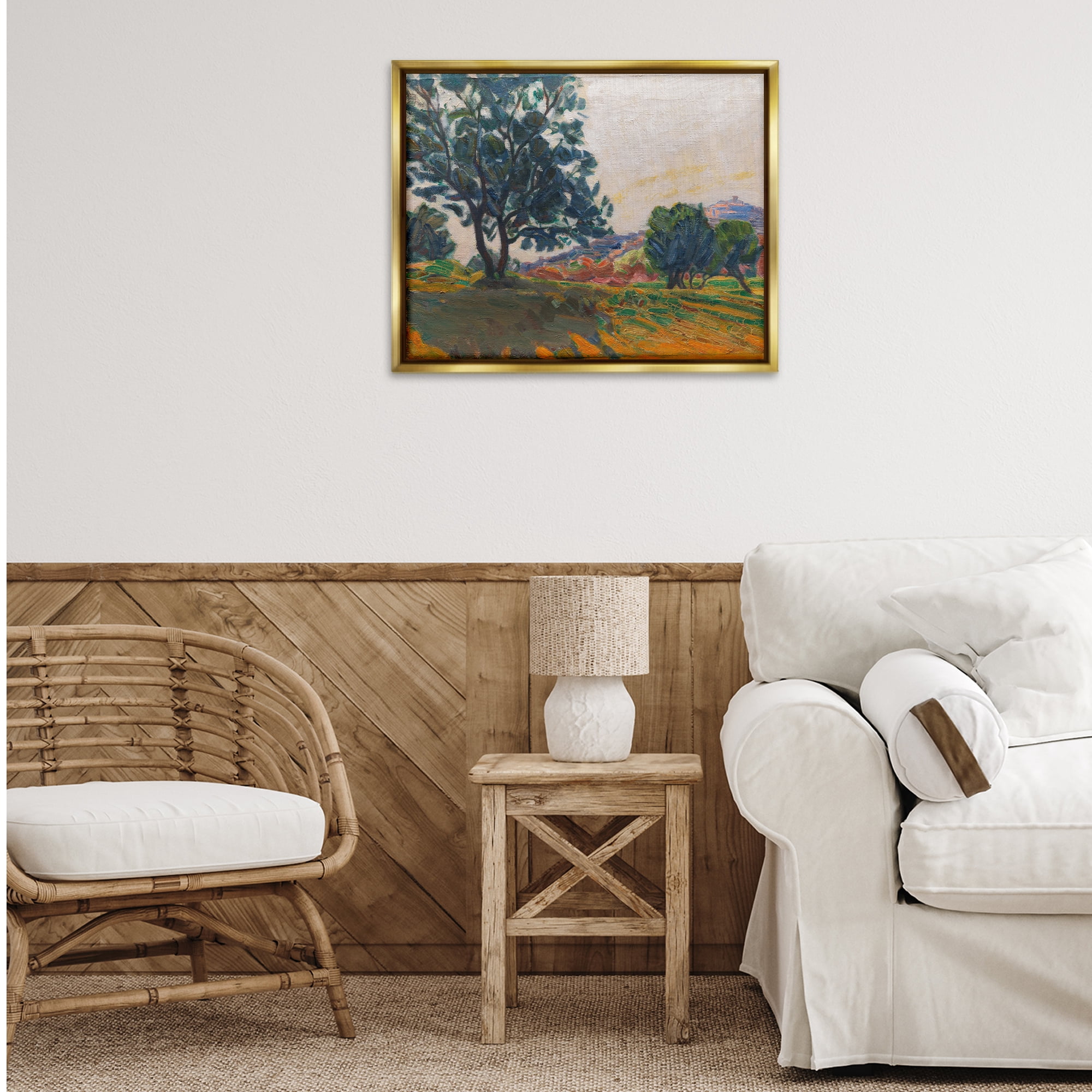 Stupell Industries Tree in Shadow Landscape & Nature Painting Gold Floater Framed Canvas Art Print Wall Art, 31 x 25