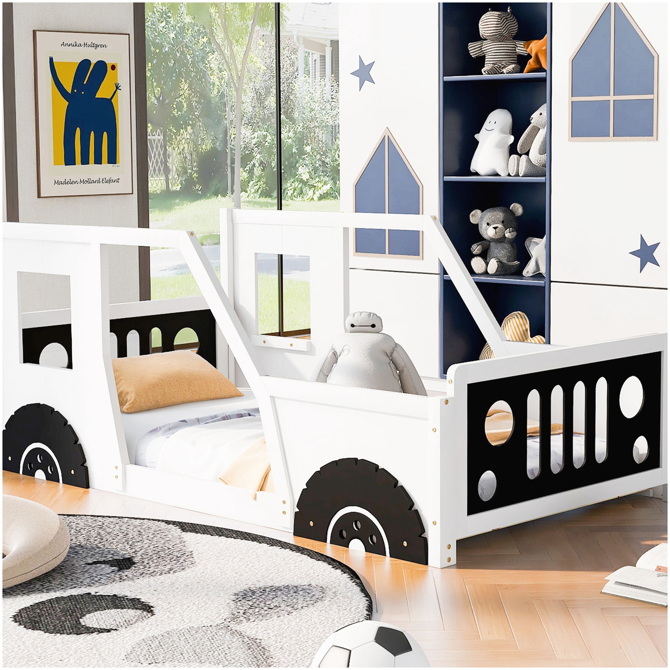 No Box Spring Race Car Bed Frame Twin Size, White Wood Platform with Decorative Wheels