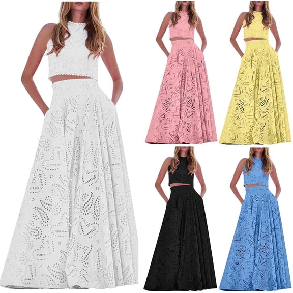 CHUMUD Women's Boho 2 Piece Eyelet Skirt Set Sleeveless Hollow Out Lace Tank Top Maxi Skirt Outfits Fashion Party Dress Casual Going Out Vacation Travel