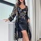 thumbnail image 4 of Conjuntos de pijamas de satén para mujer, conjunto de bata de pijama sedoso floral de 2 piezas con camisón Chemise - Negro, 4 of 6
