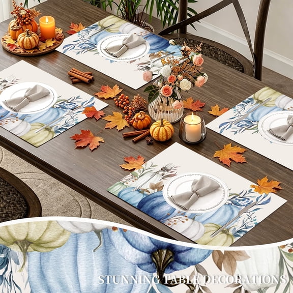 MIZHONA Blue Pumpkins Placemats Set of 4,Fall Autumn Thanksgiving Linen Table Mats for Table Decorations 12x18 in