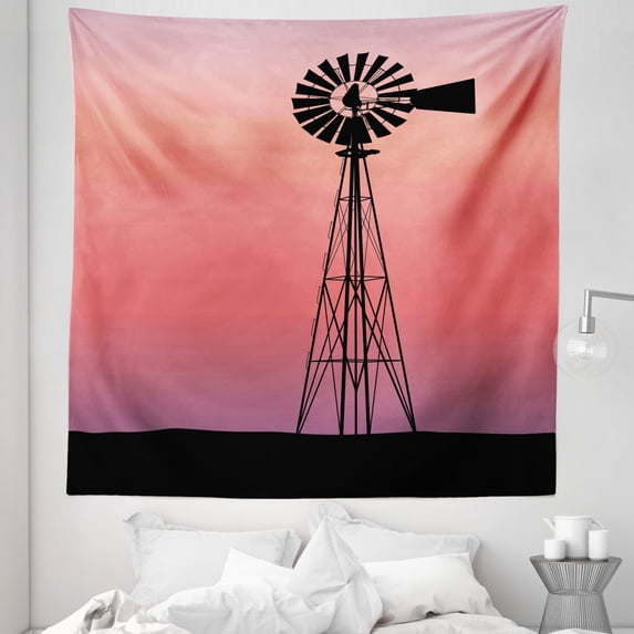 Windmill Tapestry, Windmill Silhouette at Dreamlike Sunset Western Ranch Agriculture Theme, Fabric Wall Hanging Decor for Bedroom Living Room Dorm, 5 Sizes, Coral Lilac and Black, by Ambesonne