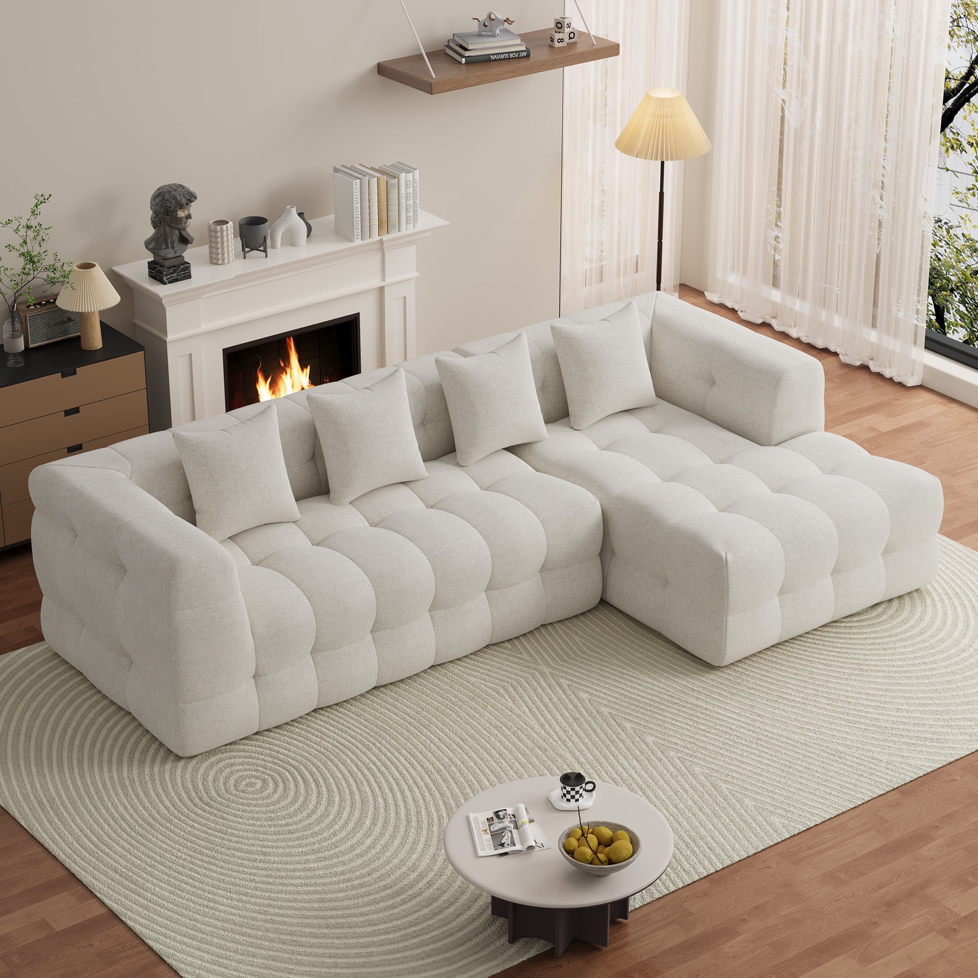 Wiilayok 120" Boneless Oversized Cloud Couch, Right Facing L-Shaped Chenille Sectional Sofa with Chaise Lounge, Deep Seat Upholstered Living Room Sofa with 4 Pillows, No Assembly, Beige