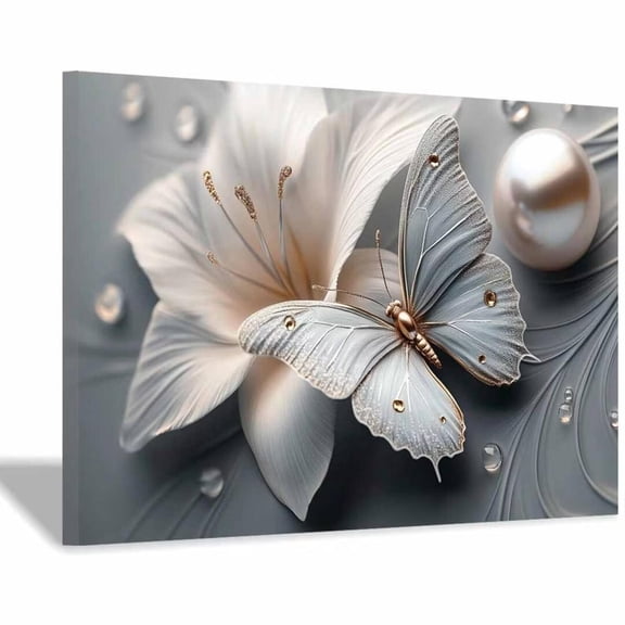 Mudket Framed Canvas Wall Art Ready to Hang, Silver Butterfly White Lily Print, Floral Insect Wall Decor Canvas Artwork for Wedding Bedroom Entryway, Elegant Bloom Pictures - 12"L x 8"W
