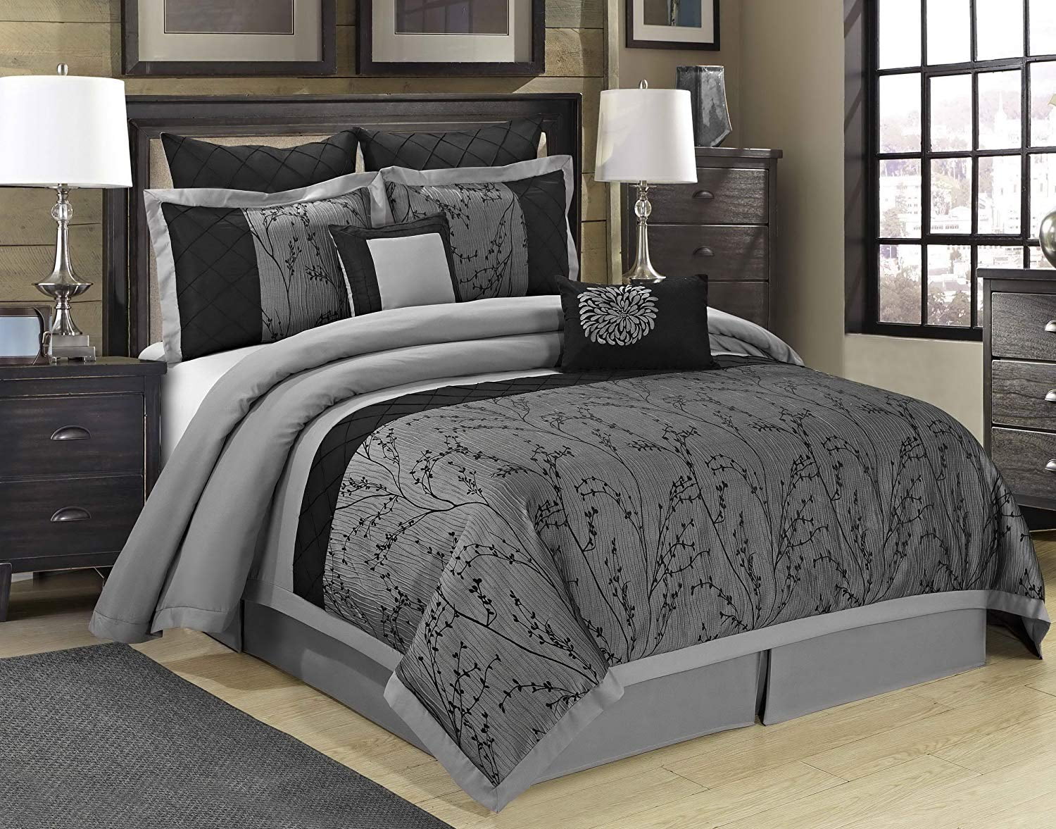 HIG 8 Piece Comforter Set Queen- Gray Jacquard Fabric Patchwork