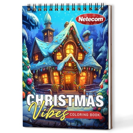 Netecom Christmas Vibes Coloring Book Spiral Bound For Adults A5 Wooden Cover 30 Cozy Coloring Pages of Holiday Scenes for Stress Relief and Relaxation