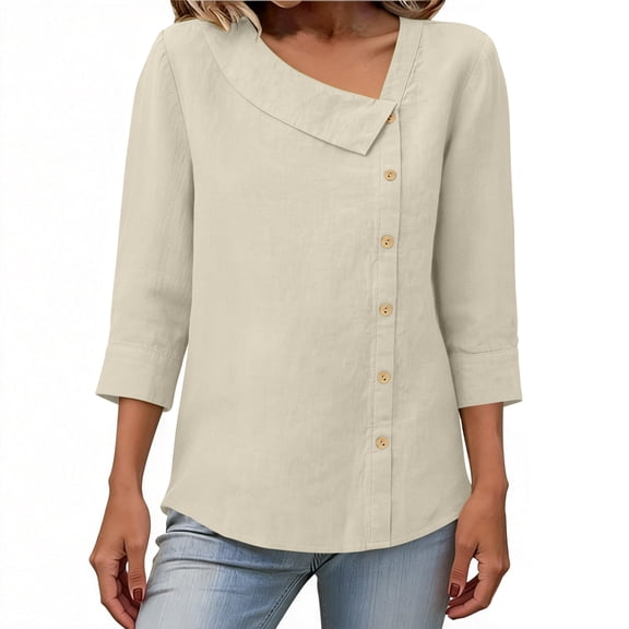 3/4 Sleeve Solid Denim Tops for Women V-Neck Half Button Relaxed Tops Breathable Shirts for Dressy Office Wear and Daily Outgoing