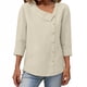 thumbnail image 1 of Tops de Color Sólido para las Mujeres Camisa de Botón Casual 3/4 Manga Cuello Redondo Tops de Lino para las Mujeres Primavera Verano, 1 of 6