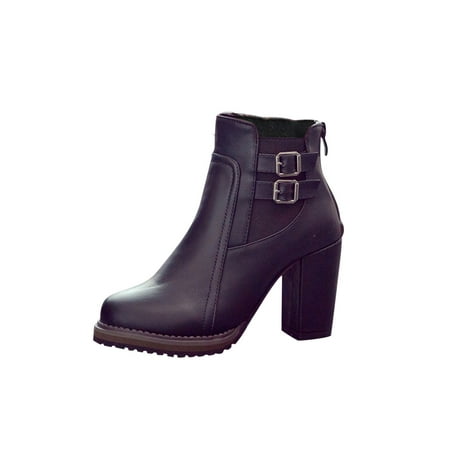 

Boots for Women Women S Winter Vintage Thick Heel Belt Buckle Side Zipper Low Tube High Heel Ankle Boots