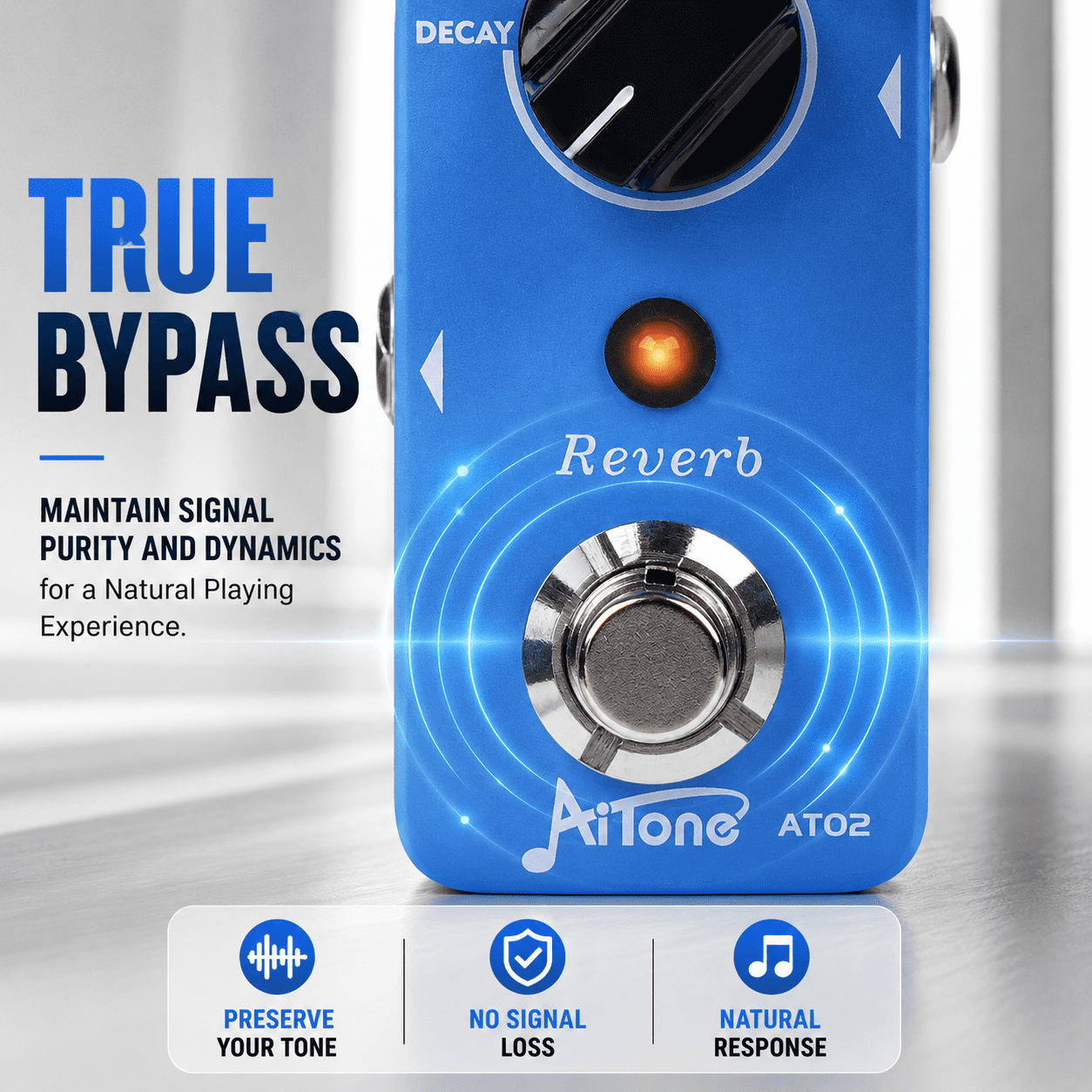 AITONE Reverb Pedal with Hall Spring Plate Room Reverb, True Bypass Full Metal Shell