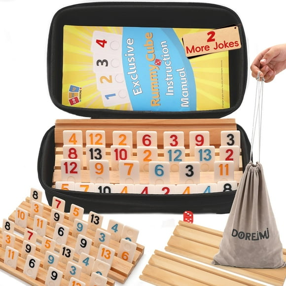 Doreimi Rummy Cube 6 Player Upgraded Edition with 6 Wooden Racks,162 Tiles Rummy Game with Portable Case and Drawstring Bag, Colorful Rummy Tiles Travel Game Set for Cla