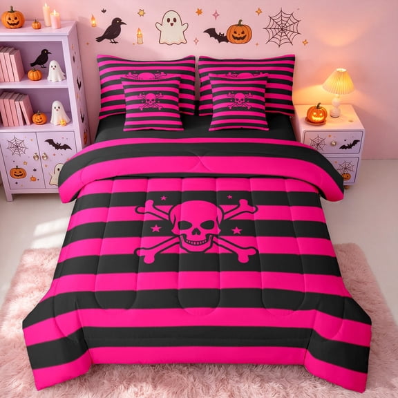 Erosebridal Cartoon Stripe Twin Bedding, Skull Skeleton Bedding Comforter Set, Dark Magenta, Black Reversible, 7pcs