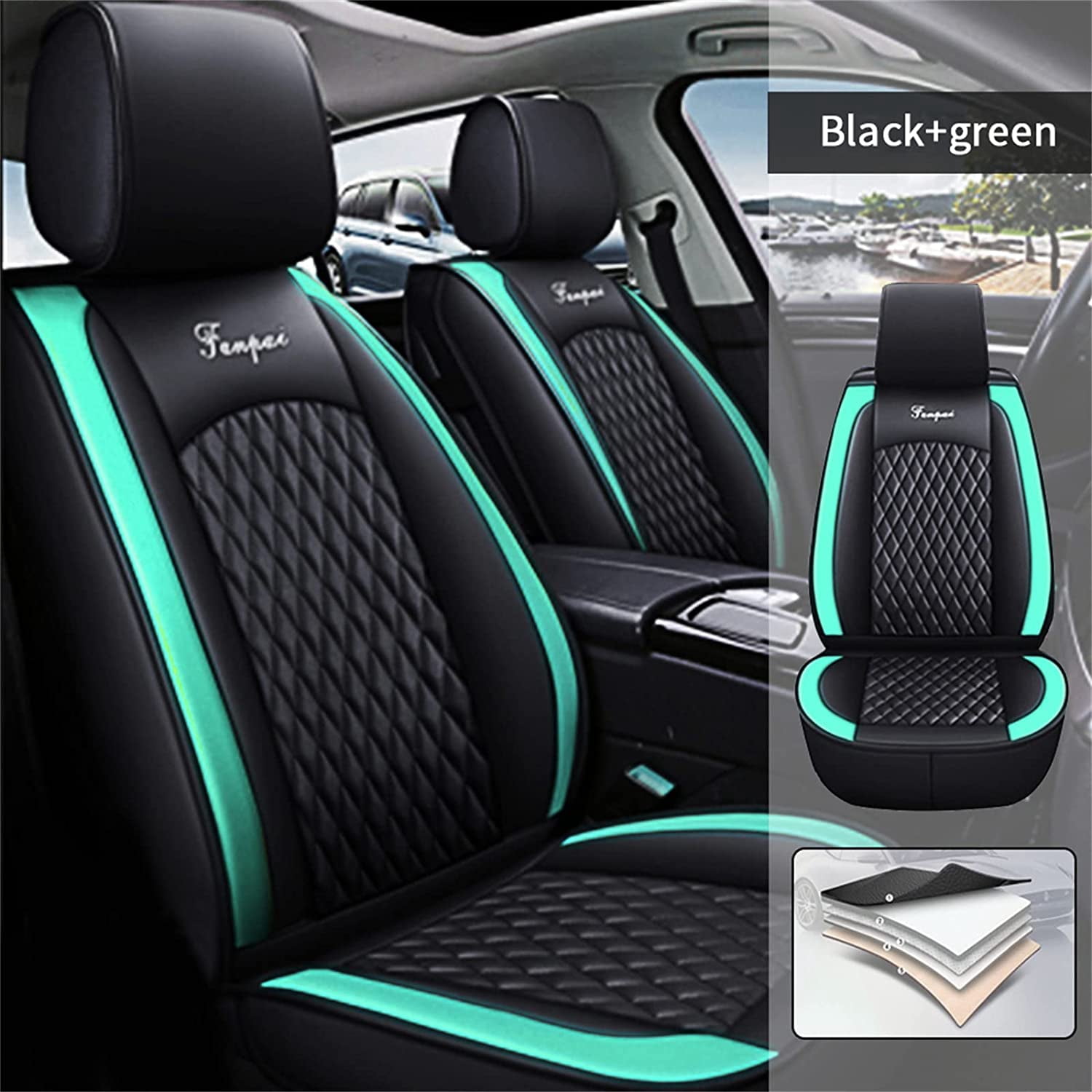 Maidao Car Seat Covers Five Seats Full Set PU Leather Front and Rear Split Bench Car Seat Cover Waterproof Car Seat Covers Black Green