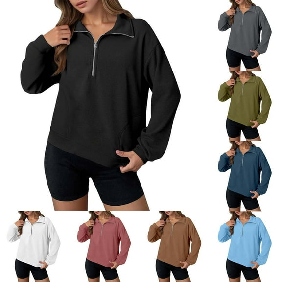 Gyexs Quarter Zip Pullover Women Sweatshirt Long Sleeve Warm Knit Lapel Half Zip Sweatshits Fall Winter Clothes, Black, Size XXL