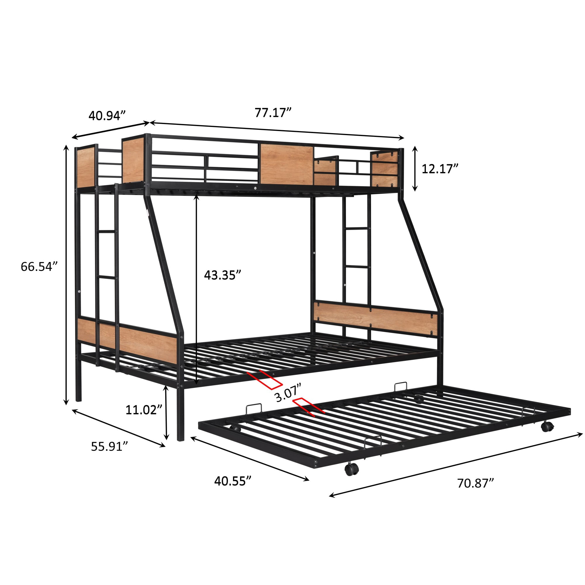 Metal Twin Over Full Bunk Beds with Trundle Bed,Twin Bunk Beds for Kids Adults Teens,Heavy-duty Metal Bunk Bed for Three with Safety Guard Rail and Ladders,Space-Saving Bunk Bed for Boys, Girls, Kids