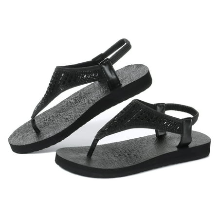 

WOTTE Women s Flip Flops Sandals Yoga Mat Slingback Rhinestone Sling Comfort Thong Black Size 8