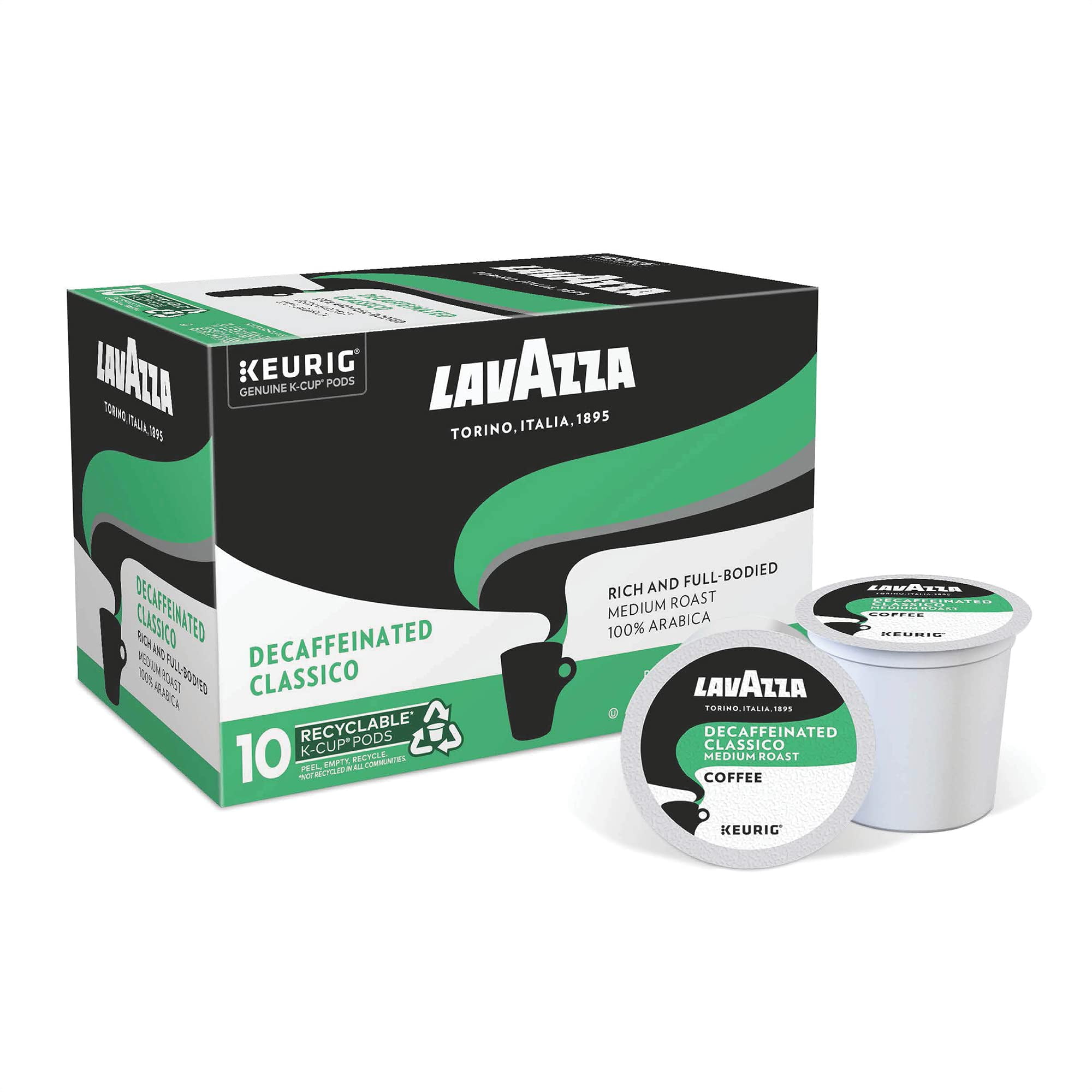 Lavazza Classico Decaf Single-Serve Coffee K-Cups for Keurig Brewer, Medium Roast, 10 Count Box ,Rich and full-bodied flavor delivers a uniquely intense aroma of dried fruits, 100%