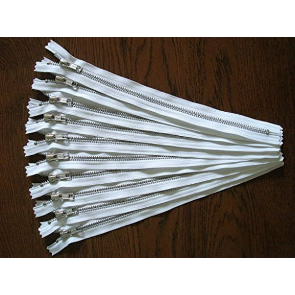 8 inch Silver Zippers - no.5 Bag Zippers by YKK - Pack of 10 White Zippers