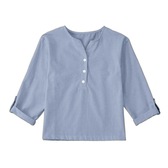 Miqool Kids Cotton Linen Shirt Rolled Long Sleeve Button Down Shirt Summer Beach Tops for 5-14 Years Boys and Girls