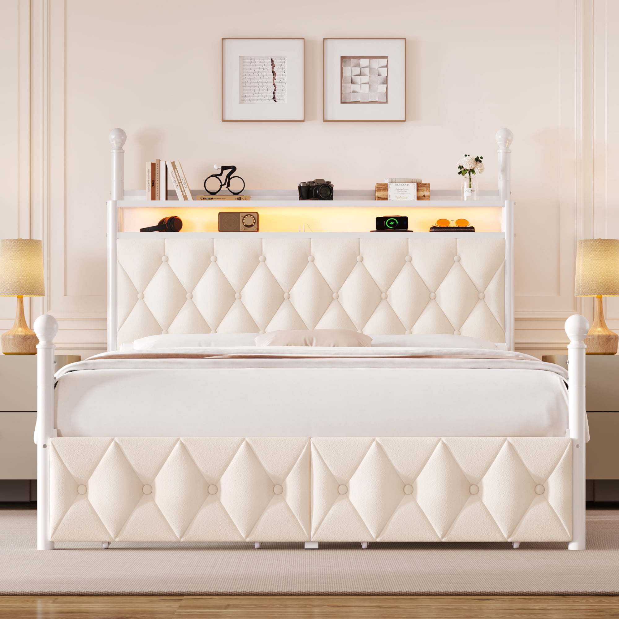 Hiphuta Full Size Upholstered Canopy Bed with Charging Station & Storage Drawer,Button Tufted Headboard with LED Light, Full Bed Frames, Beige