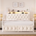 thumbnail image 5 of Hiphuta Full Size Upholstered Canopy Bed with Charging Station & Storage Drawer,Button Tufted Headboard with LED Light, Full Bed Frames, Beige, 5 of 8