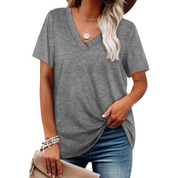 Camisetas de mujer con cuello en V de manga corta de verano Tops sueltos Ormromra WRHS-168-1