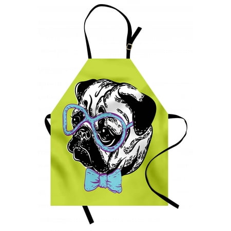 Pug Apron Cute Dog with a Bow Tie and Nerdy Glasses on Green Shade Backdrop, Unisex Kitchen Bib Apron with Adjustable Neck for Cooking Baking Gardening, Apple Green Pale Blue Lavender, by