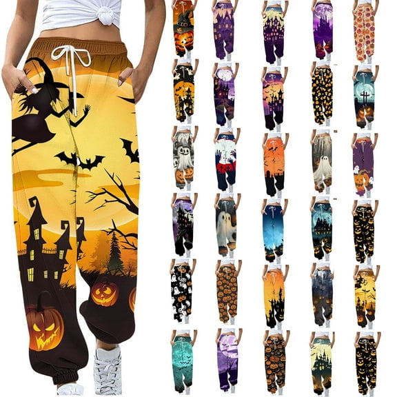 QATAINLAV Halloween Sweatpant for Women Baggy Cinch Bottoms Jogger Pants Novelty Graphic Print Trousers Drawstring High Waisted Sweat Pants with Pockets Daily Sales Clearance Multicolor S