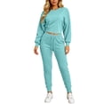 thumbnail image 4 of Ashirexll Womens 2 Piece Outfits Solid Color Round Neck Long Sleeve Top with Drawstring Double Pocket Elastic Waist Pants Winter Set, 4 of 6