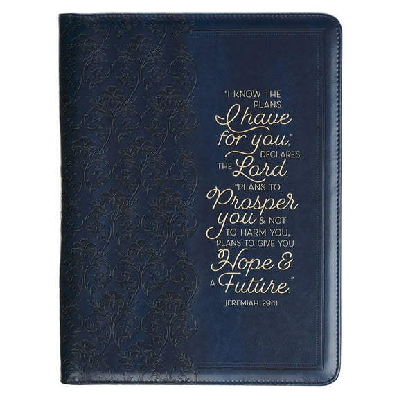 Christian Art Gifts Premium Vegan Leather Zippered Portfolio for Women, Men & Grads w/Inspirational Scripture: I Know the Plans Encouraging Bible Verse w/Pen & Highlighter Combo, Navy Blue & Gold