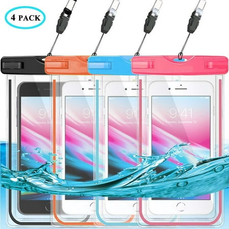 4Pcs Waterproof Case, Four Colors Transparent PVC Waterproof Phone Pouch Case Dry Bag for Swimming, Boating, Fishing, Skiing, Protect iPhone X 8 7 6S Plus, Galaxy S6 S7 Edge, LG G5 and