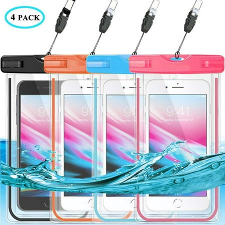 4Pcs Waterproof Case, Four Colors Transparent PVC Waterproof Phone Pouch Case Dry Bag for Swimming, Boating, Fishing, Skiing, Protect iPhone X 8 7 6S Plus, Galaxy S6 S7 Edge, LG G5 and (Best Case To Protect Iphone 7 Plus)