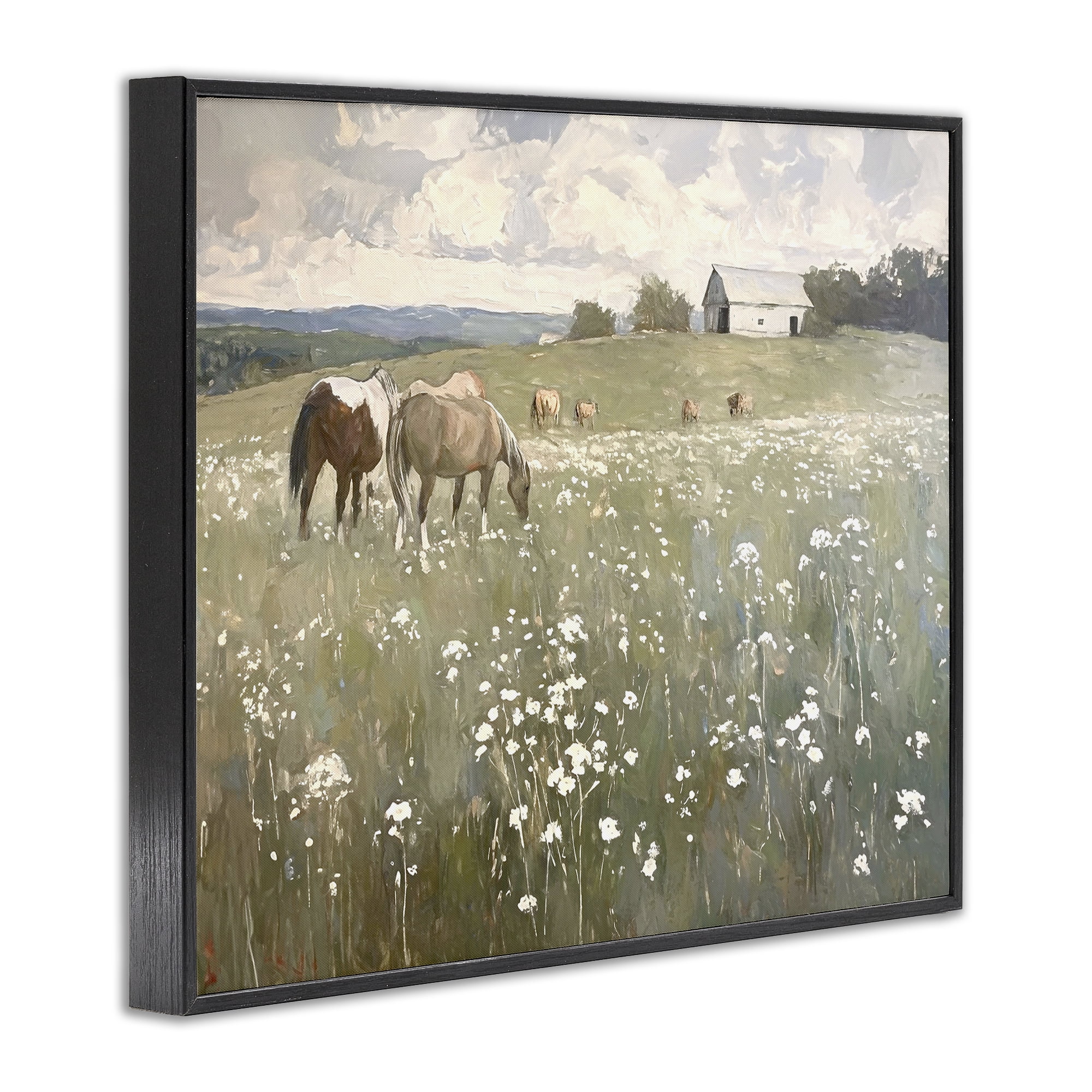 Stupell Industries Horses in Pasture Landscape Painting Black Framed Art Print Wall Art, 20 x 16