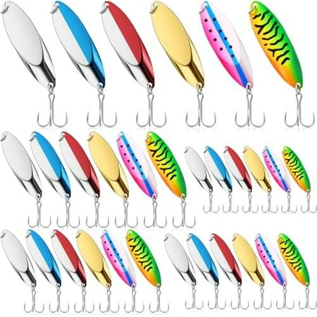 30 Pcs Fishing Spoons Lures 5 Size Metal Spoon Fishing Lures Casting Trout Spoons with Treble Hooks Luminous Casting Spoon Durable Treble Hooks for Bass